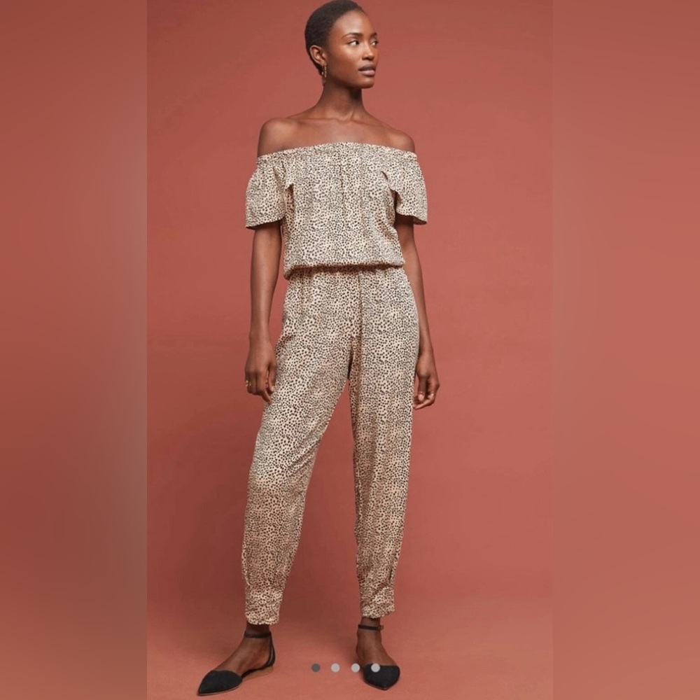 Anthropologie Tan Off-Shoulder Jumpsuit